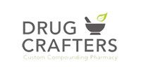 Drug Crafters logo with gray text and a mortar and pestle with a green leaf