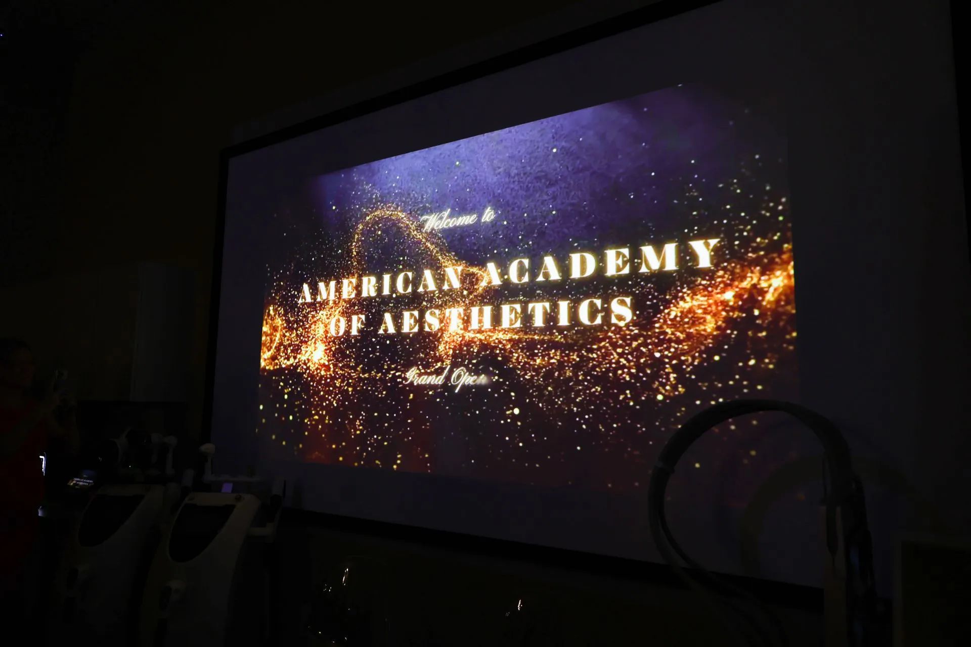 Projected screen reading “American Academy of Aesthetics” with purple and gold sparkles in a dark room