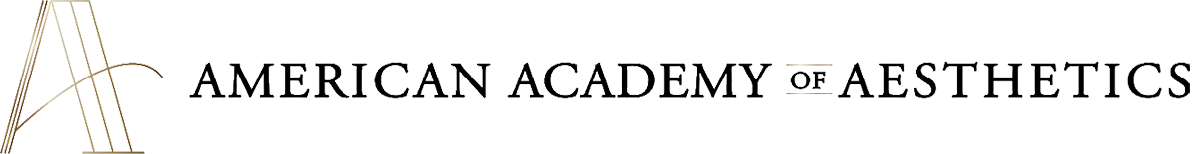 American Academy of Aesthetics logo with black serif text and a gold triangular emblem
