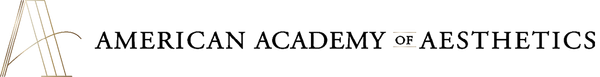 American Academy of Aesthetics logo with black serif text and a gold triangular emblem