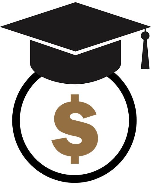 Black graduation cap over a dollar sign inside a circle, symbolizing education costs or student loans