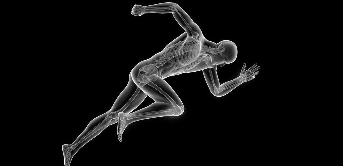Transparent motion-capture-style runner in a sprinting pose on a black background