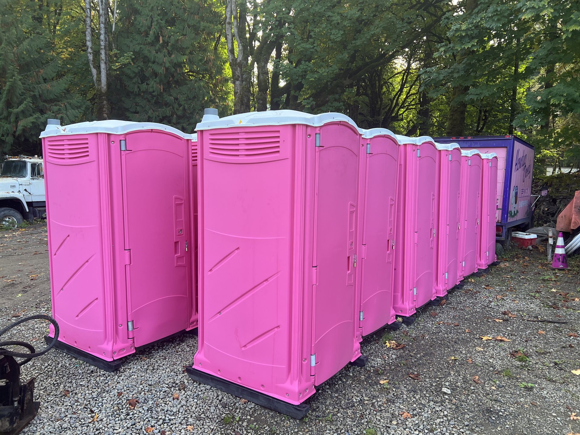 Pink portable toilets lined up outdoors.