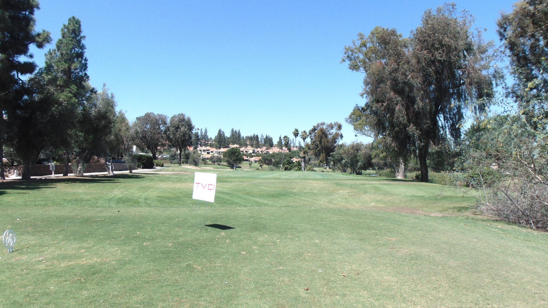 Sunny park with green grass, scattered trees, and a small sign in the center.