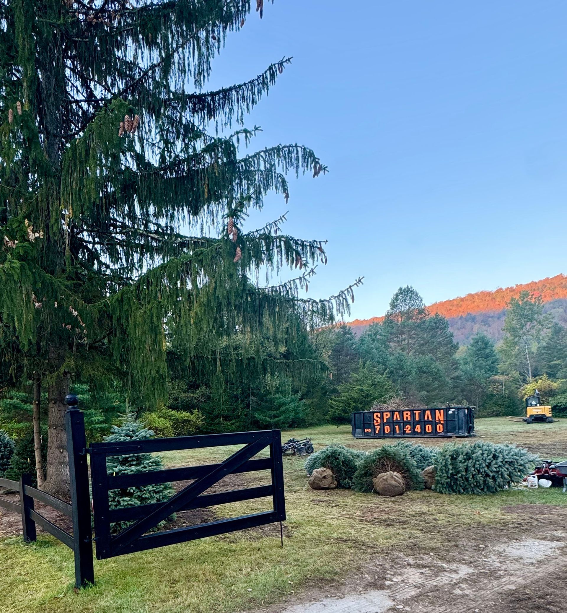 Black gate opens to a field with 