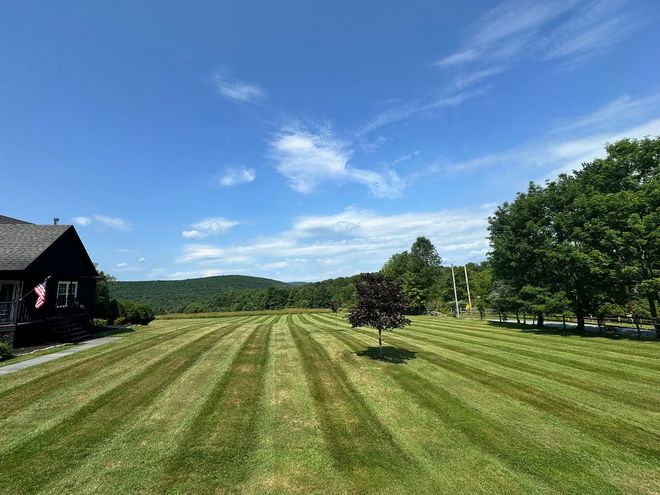 Lawn with striped mowing patterns, house on the left, tree in the middle, hills in the distance under a blue sky.