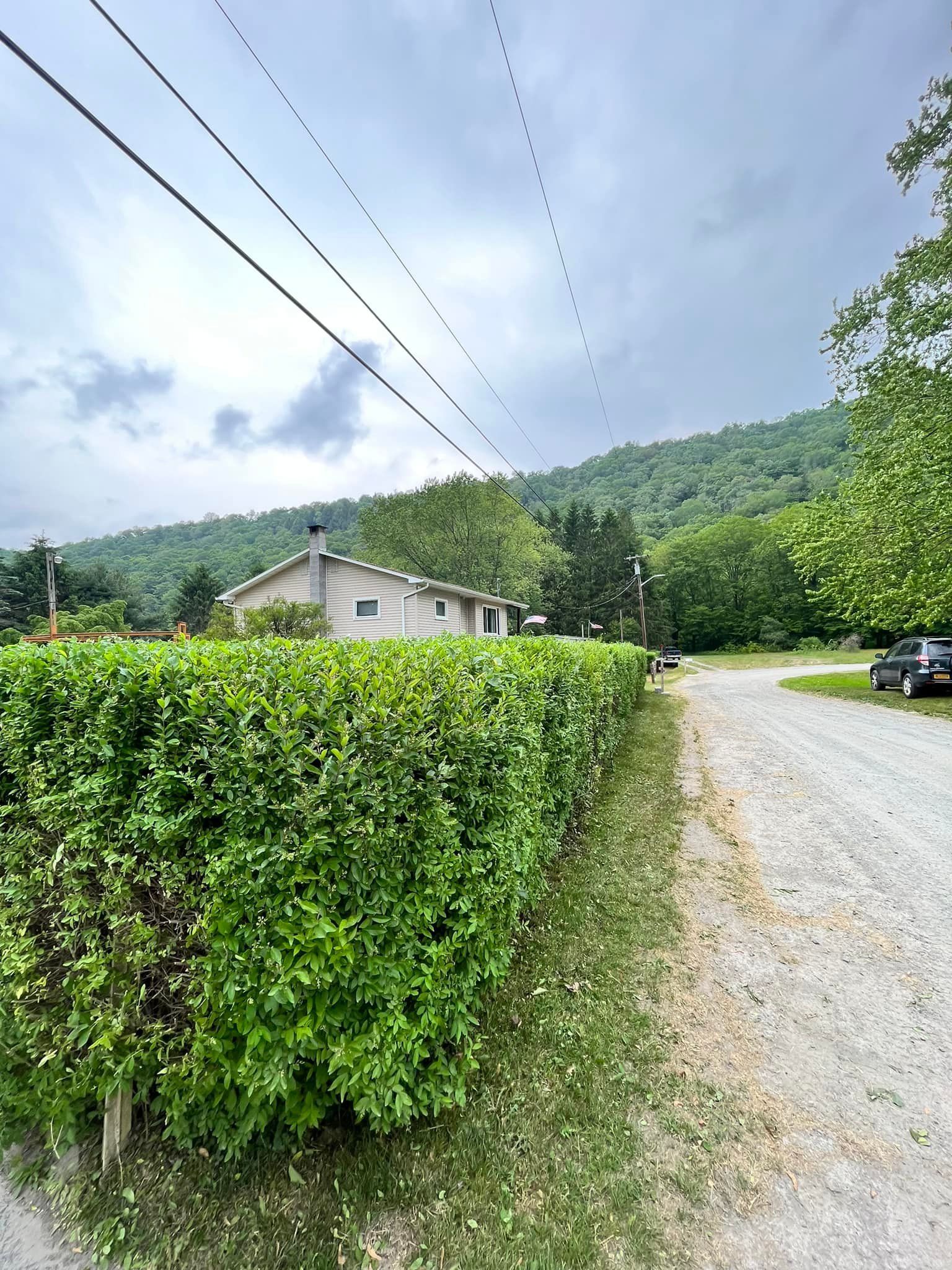 A house with a green hedge and gravel road with a mountain in the background under an overcast sky.
