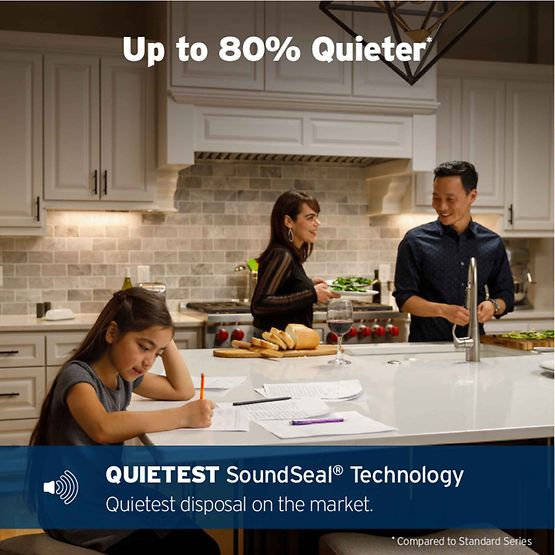 A family is sitting at a table in a kitchen with up to 80 % quieter sound seal technology