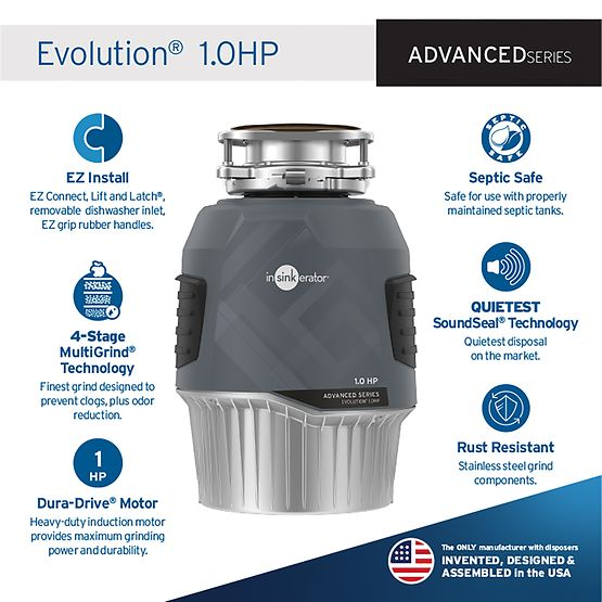 A picture of an evolution 1.0 hp advanced series garbage disposal