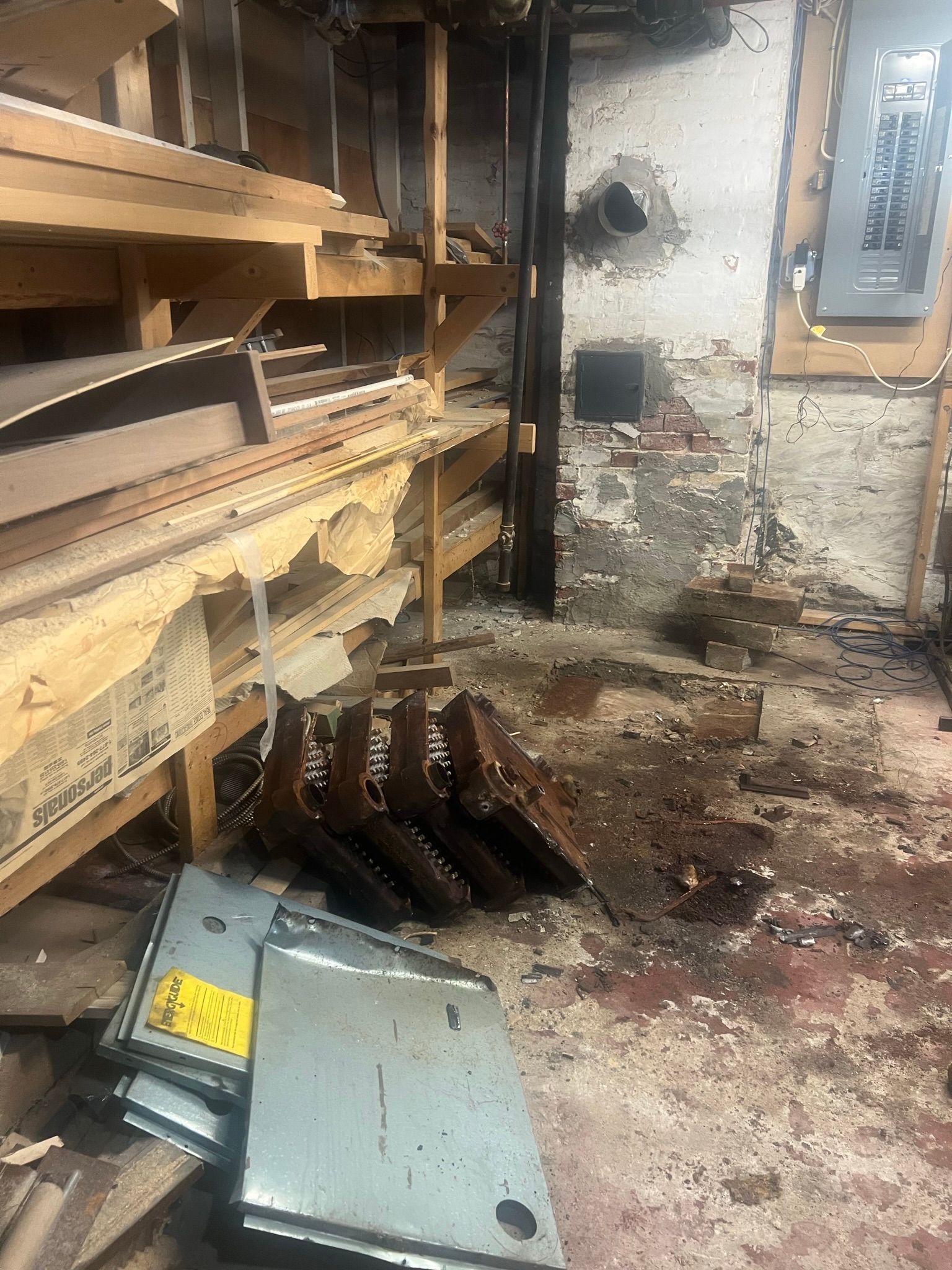 a room with a lot of wooden shelves and metal pieces on the floor