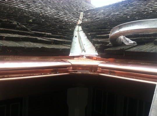 Close-up of bronze gutter