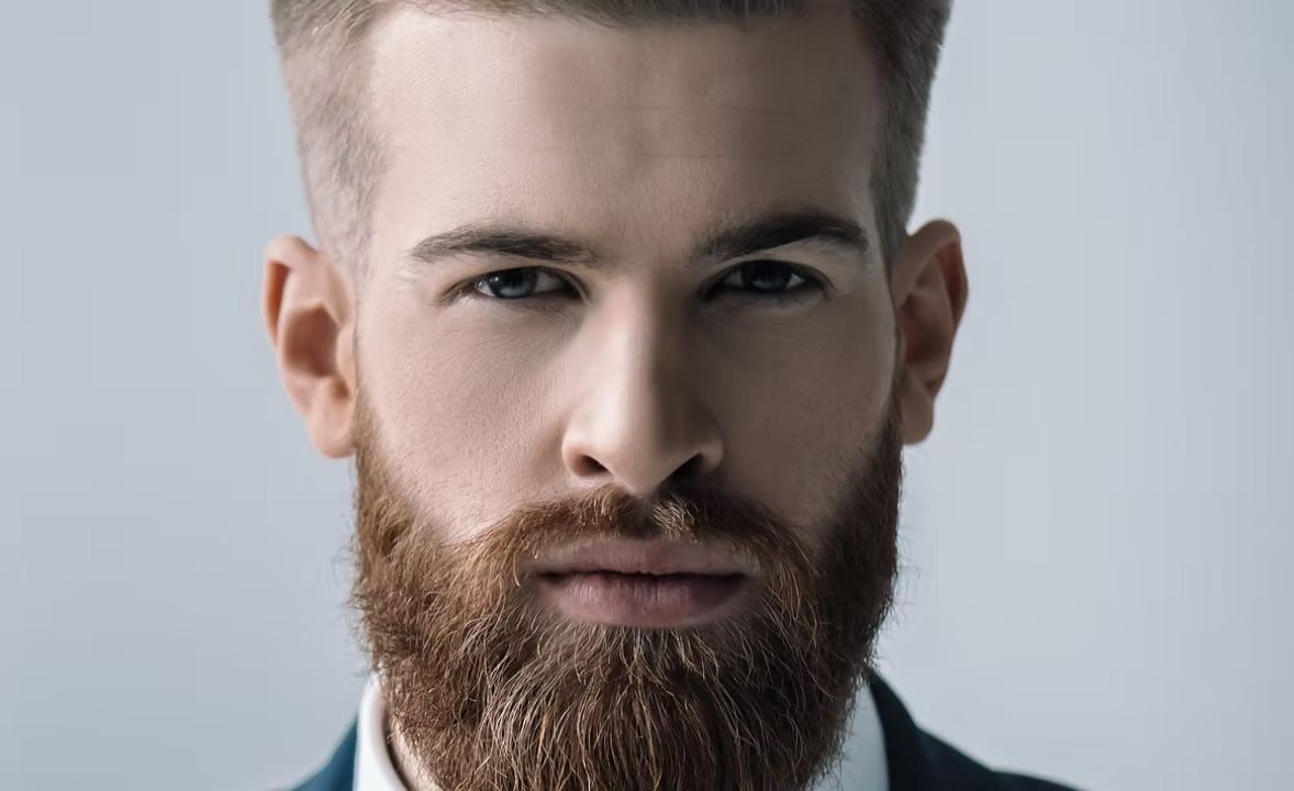 A close up of a man with a beard wearing a suit and tie.