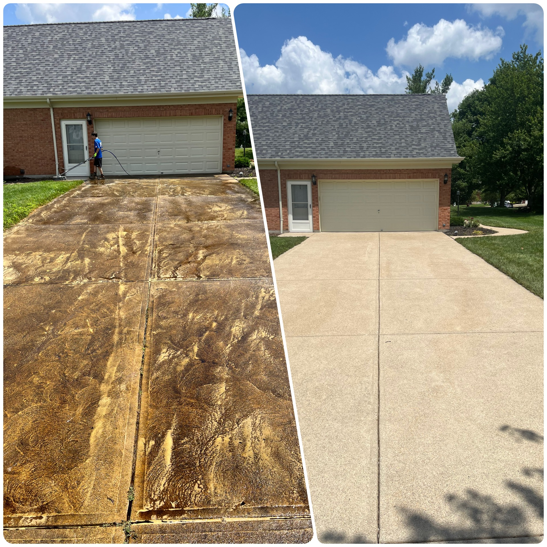 A before and after photo of a driveway that has been cleaned.
