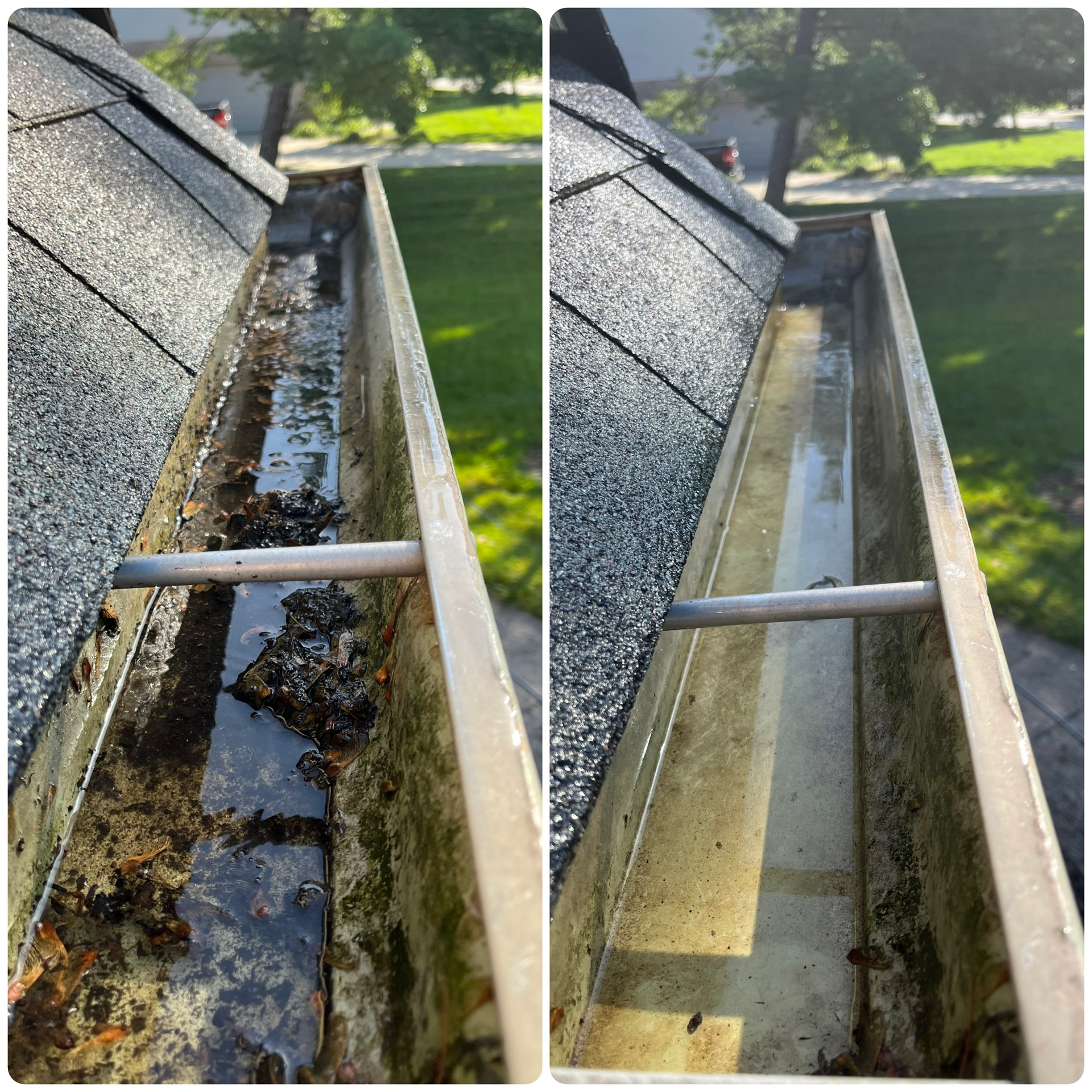 A before and after picture of a gutter being cleaned on a roof.