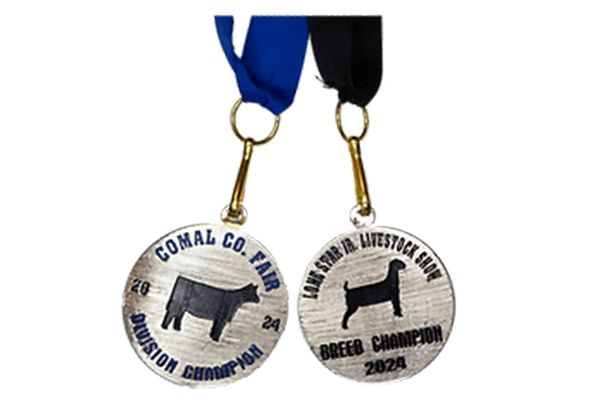 Two medals with a cow and a dog on them