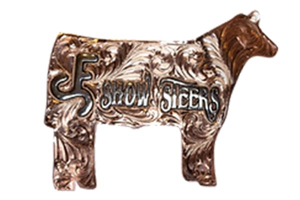 A statue of a cow with the words show steers on it