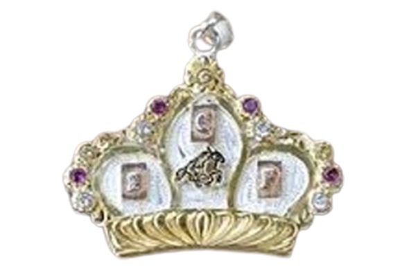 A pendant in the shape of a crown with a horse on it.