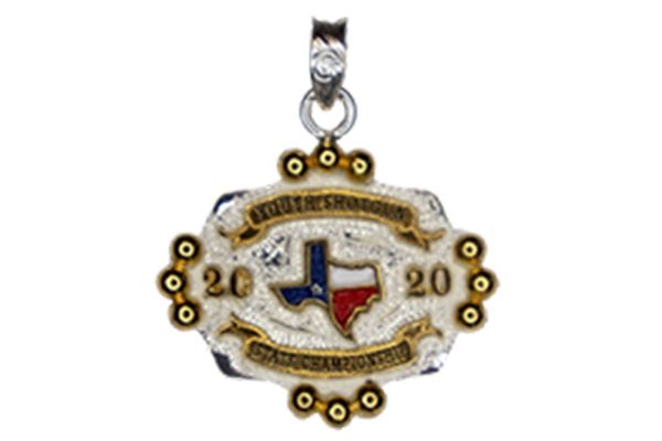 A silver pendant with a texas flag on it