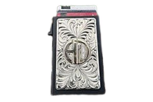 A silver and black lighter with a floral design on a white background.