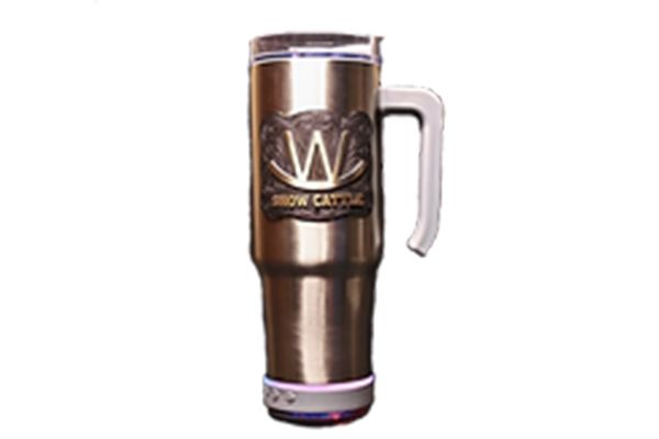 A stainless steel mug with a handle and a logo on it.