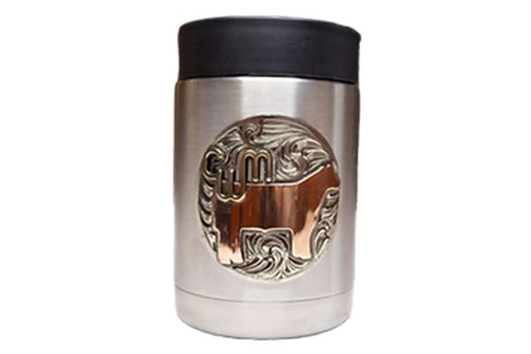 A stainless steel can holder with a picture of a cow on it.