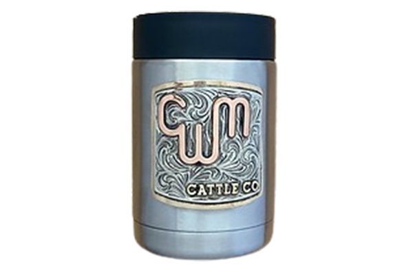 A stainless steel can holder with a cattle co. logo on it.