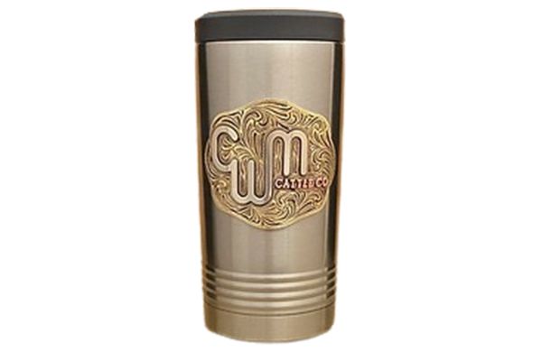 A stainless steel tumbler with a cowboy belt buckle on it.