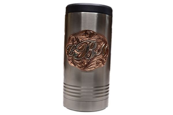 A stainless steel can cooler with a monogram on it.