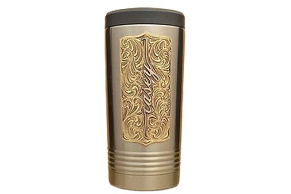 A stainless steel travel mug with a gold design on it.