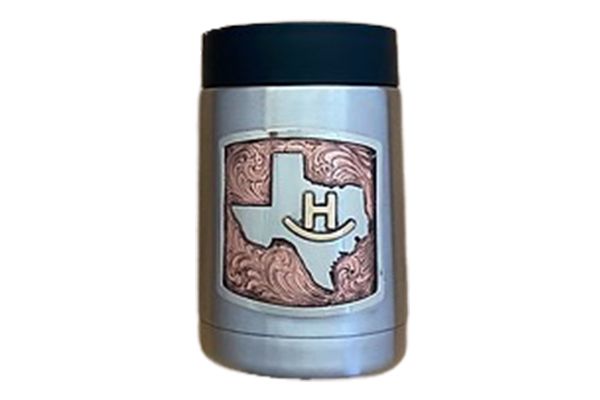 A stainless steel can holder with a texas map on it.