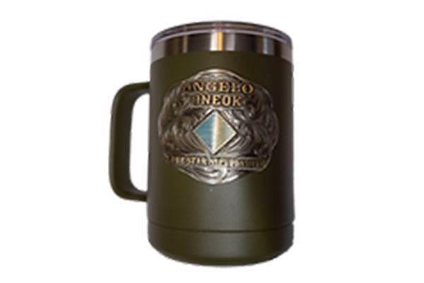 A green mug that says angelo pineok on it