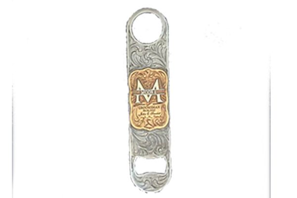 A silver and gold bottle opener with a horse on it.