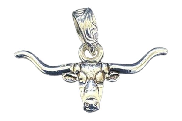A silver pendant of a bull 's head with long horns