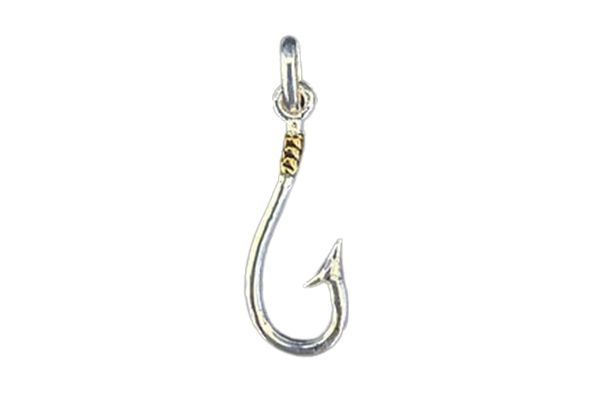 A close up of a fishing hook on a white background.