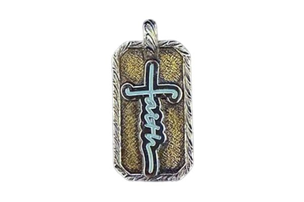 A pendant with a cross and the word faith on it.