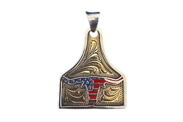 A pendant with a bull and an american flag on it
