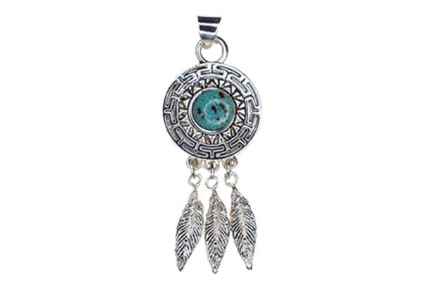 A silver pendant with a turquoise stone and three feathers hanging from it.