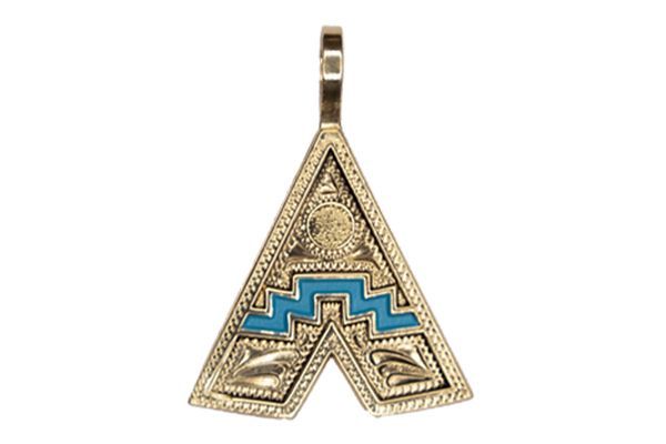 A gold and blue pendant with the letter a on it