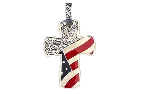 A cross with an american flag on it on a white background.