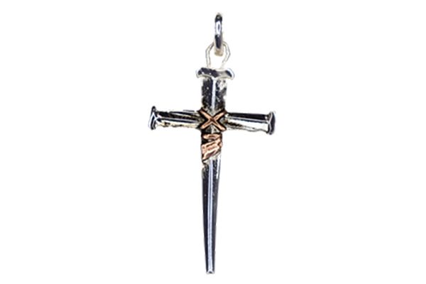 A cross made of nails on a chain on a white background.