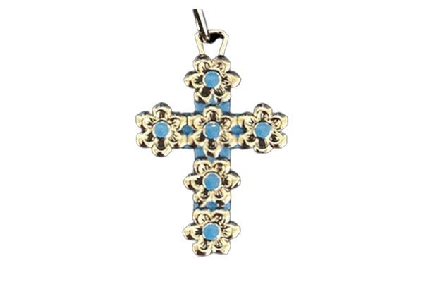 A gold cross with blue flowers on it on a white background