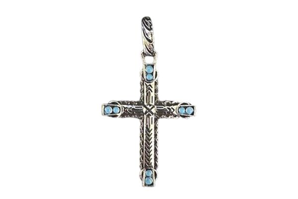A silver cross with blue stones on a white background.