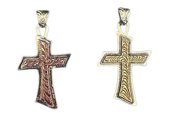 A pair of cross pendants on a white background.