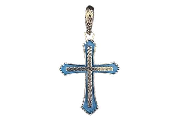 A blue and silver cross pendant on a white background.