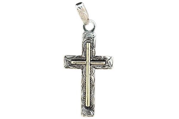 A silver cross with a gold cross in the middle on a white background.
