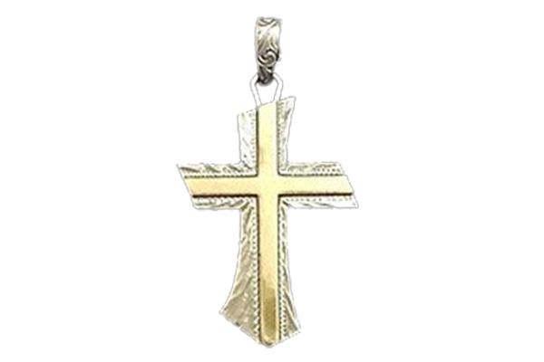 A gold and silver cross pendant on a chain on a white background.