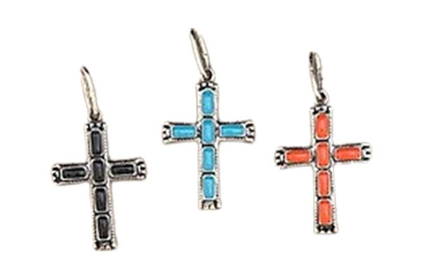Three cross pendants with turquoise and coral on a white background.