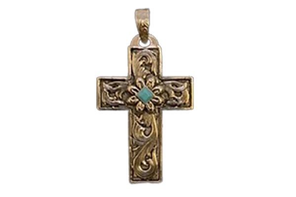 A cross with a turquoise stone in the middle on a white background.
