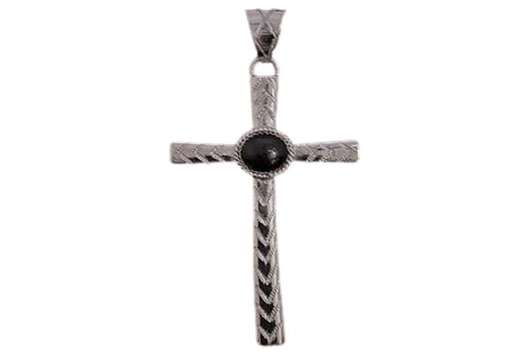 A silver cross with a black stone in the middle on a white background.