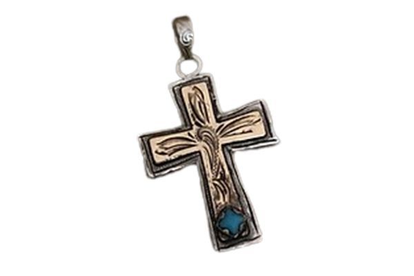 A cross with a turquoise stone in the middle on a white background.